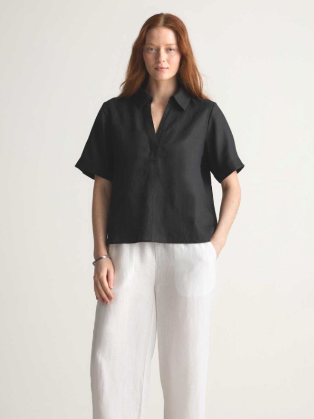 Quince 100% European Linen Short Sleeve Popover Top in Black, Women's Small, EUC